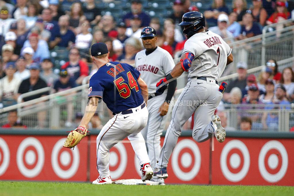 Andy Clayton-King Cleveland Guardians' Amed Rosario (1) beats Minnesota Twins starting pitcher Sonny Gray (54) to first base on a hit in the fifth inning of a baseball game Wednesday, June 22, 2022, in Minneapolis. (AP Photo/Andy Clayton-King)