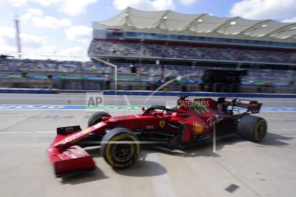 Darron Cummings Ferrari driver Charles Leclerc, of Monaco, pulls in to the pits during a practice session for the F1 US Grand Prix auto race at the Circuit of the Americas, Friday, Oct. 22, 2021, in Austin, Texas. (AP Photo/Darron Cummings)
