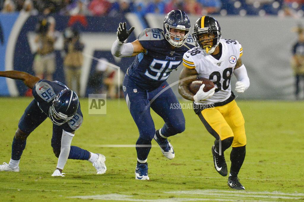 Mark Zaleski Pittsburgh Steelers running back Jaylen Samuels (38) runs past Tennessee Titans defensive end Brent Urban (96) in the first half of a preseason NFL football game Sunday, Aug. 25, 2019, in Nashville, Tenn. (AP Photo/Mark Zaleski)