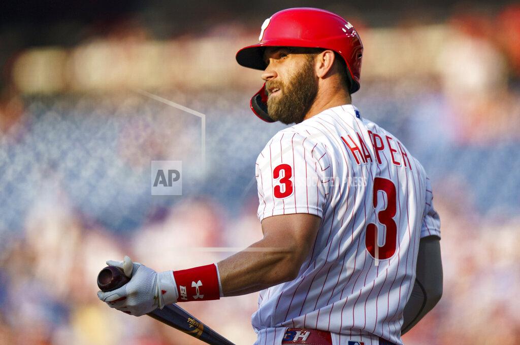 Chris Szagola Philadelphia Phillies' Byrce Harper looks on after striking out during the first inning of a baseball game against the Los Angeles Dodgers, Saturday, May 21, 2022, in Philadelphia. (AP Photo/Chris Szagola)