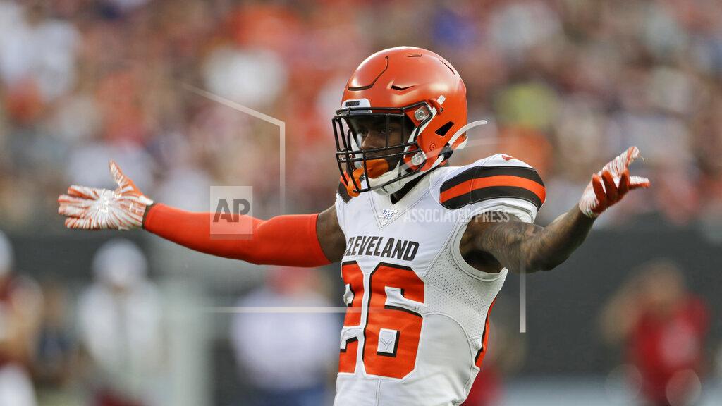 Ron Schwane Cleveland Browns cornerback Greedy Williams reacts during the first half of the team's NFL preseason football game against the Washington Redskins, Thursday, Aug. 8, 2019, in Cleveland. (AP Photo/Ron Schwane)