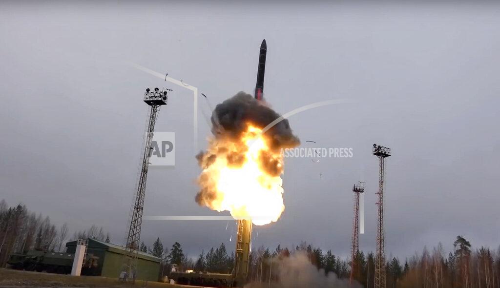 Uncredited FILE - In this file photo taken from undated footage distributed by Russian Defense Ministry Press Service, an intercontinental ballistic missile Avangard lifts off from a truck-mounted launcher somewhere in Russia. Russian Deputy Foreign Minister Sergei Ryabkov said the Avangard can be included in the New START arms reduction treaty with the United States. (Russian Defense Ministry Press Service via AP, File)