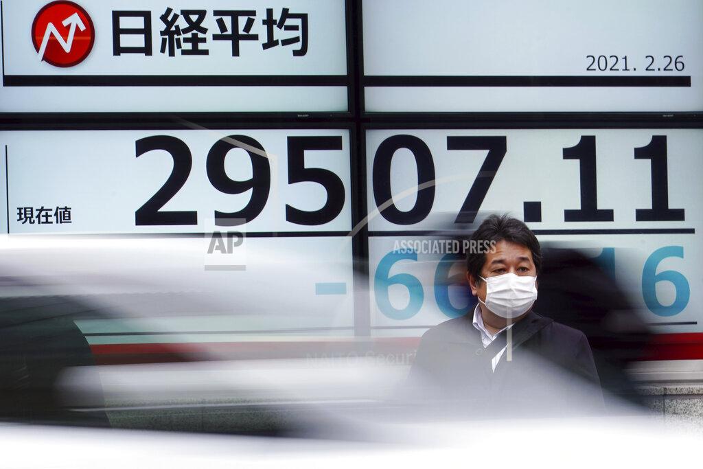 Eugene Hoshiko A man wearing a protective mask stands in front of an electronic stock board showing Japan's Nikkei 225 index at a securities firm Friday, Feb. 26, 2021, in Tokyo. Asian shares skidded Friday after rising bond yields triggered a broad sell-off on Wall Street that erased the markets gain for the week and handed the Nasdaq composite index its steepest loss since October. (AP Photo/Eugene Hoshiko)