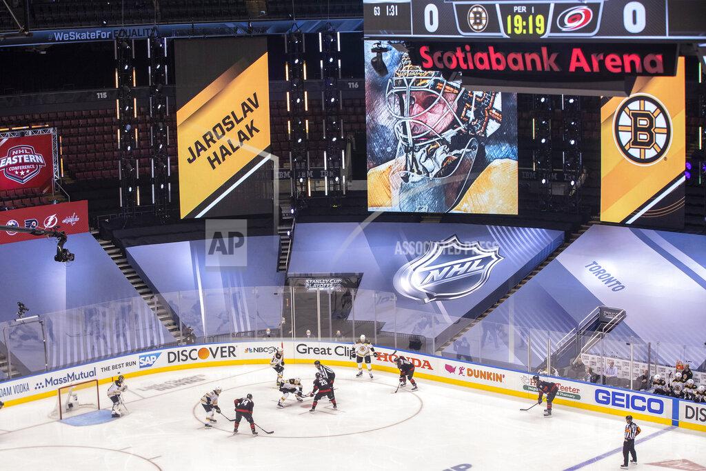 Chris Young A picture of Boston Bruins goaltender Jaroslav Halak is displayed on a screen during the first period of a NHL first round Stanley Cup playoff game between the Carolina Hurricanes and Boston Bruins in Toronto, on Saturday, Aug. 15, 2020. (Chris Young/The Canadian Press via AP)