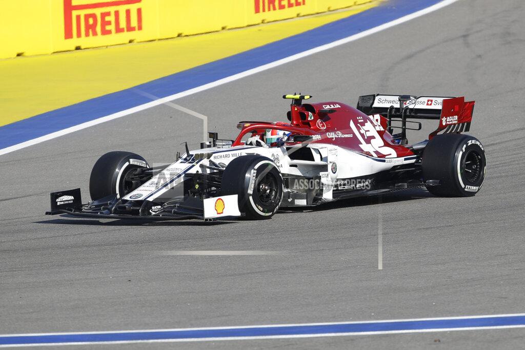 Luca Bruno Alfa Romeo driver Antonio Giovinazzi of Italysteers his racer during the Russian Formula one Grand Prix, at the 'Sochi Autodrom' Formula One circuit, in Sochi, Russia, Sunday, Sept. 29, 2019. (AP Photo/Luca Bruno)