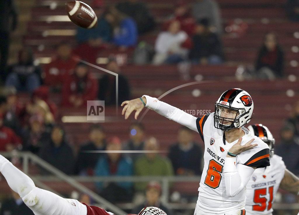 Tony Avelar Oregon State quarterback Jake Luton (6) throws a pass against Stanford in the second half during an NCAA college football game on Saturday, Nov. 10, 2018, in Stanford, Calif. Stanford won 48-17. (AP Photo/Tony Avelar)