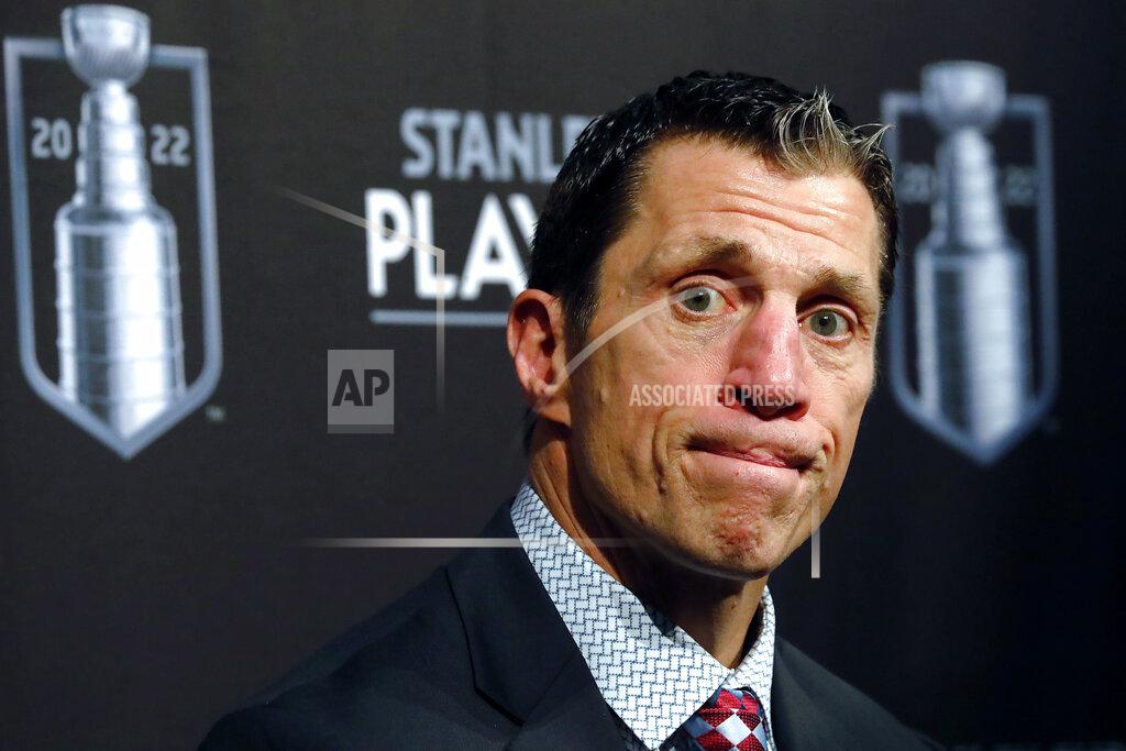 Karl B Deblaker Carolina Hurricanes coach Rod Brind'Amour speaks during a news conference following the team's win over the Boston Bruins in Game 7 of an NHL hockey Stanley Cup first-round playoff series in Raleigh, N.C., Saturday, May 14, 2022. (AP Photo/Karl B DeBlaker)