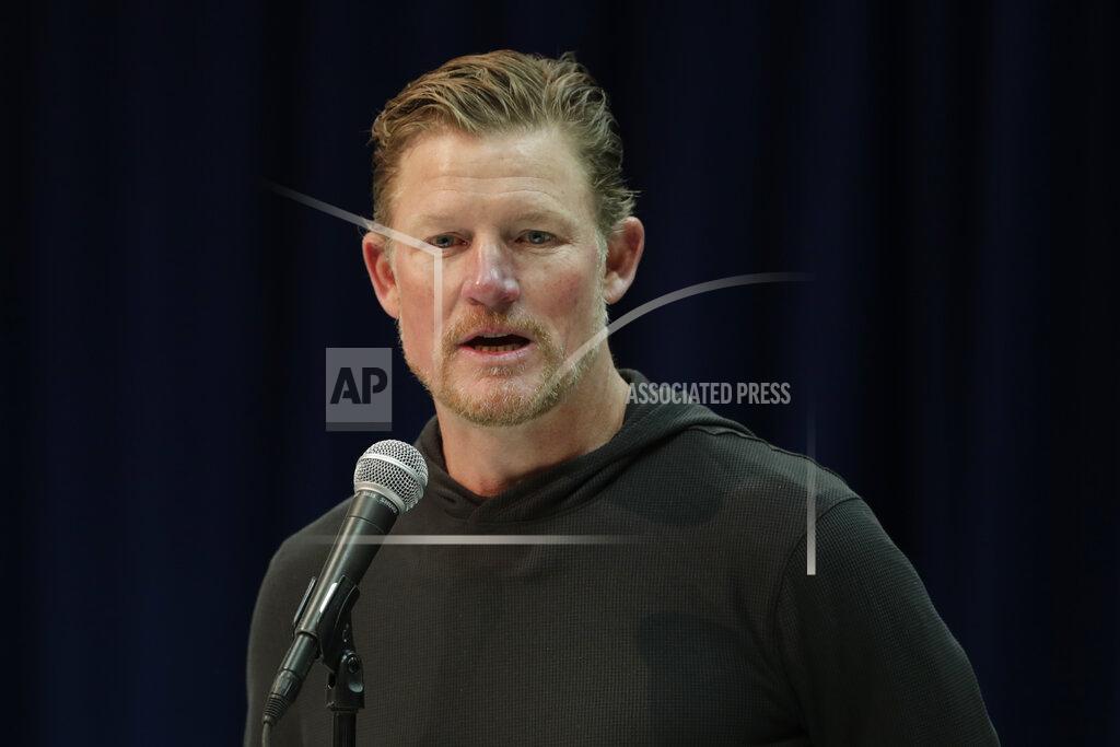 FILE - In this Feb. 28, 2019, file photo, Los Angeles Rams general manager Les Snead speaks during a press conference at the NFL football scouting combine in Indianapolis. Coach Sean McVay and general manager Les Snead have agreed to contract extensions through 2023 with the Los Angeles Rams. The defending NFC champions announced the deal Friday, July 26, 2019, while veterans reported to training camp in Orange County. (AP Photo/Michael Conroy, File)