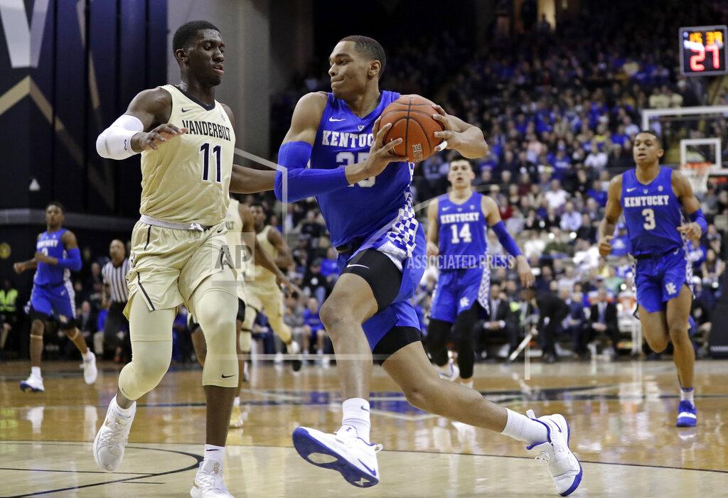 Mark Humphrey Kentucky forward PJ Washington (25) drives against Vanderbilt forward Simisola Shittu (11) in the first half of an NCAA college basketball game Tuesday, Jan. 29, 2019, in Nashville, Tenn. (AP Photo/Mark Humphrey)