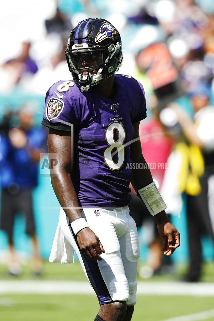 Brynn Anderson Baltimore Ravens quarterback Lamar Jackson (8) stands on the field between plays, during the second half at an NFL football game against the Miami Dolphins, Sunday, Sept. 8, 2019, in Miami Gardens, Fla. (AP Photo/Brynn Anderson)