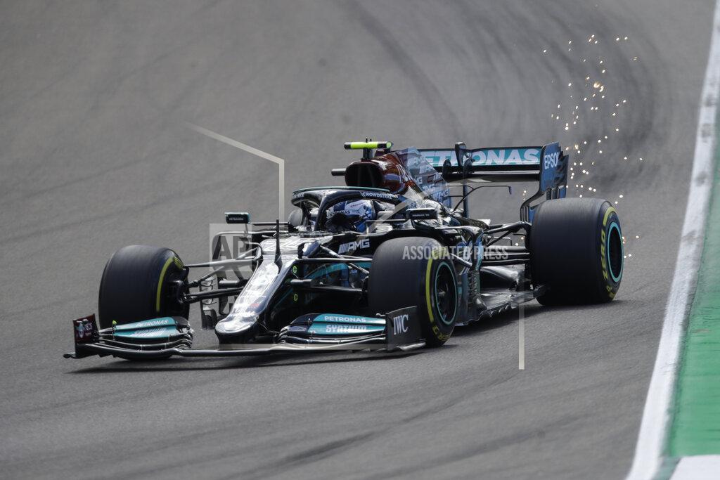 Mercedes driver Valtteri Bottas of Finland steers his car during the second free practice session for Sunday's Emilia Romagna Formula One Grand Prix, at the Imola track, Italy, Friday, April 16, 2021. (AP Photo/Luca Bruno)