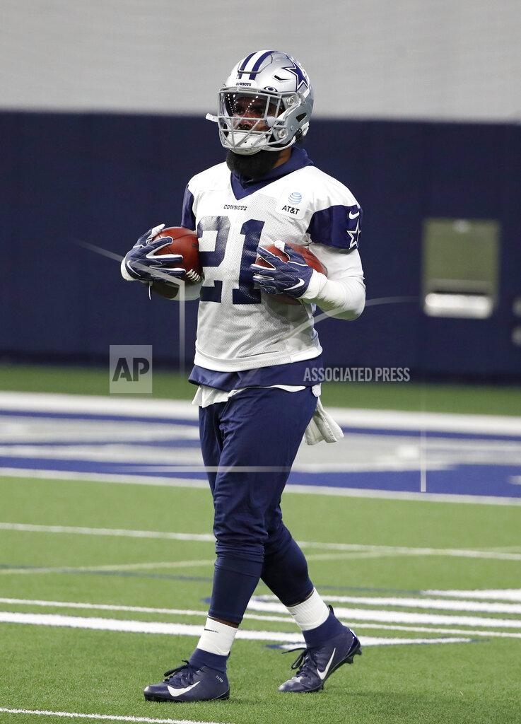 Tony Gutierrez Dallas Cowboys running back Ezekiel Elliott participates in drills during a work out at the team's NFL football practice facility in Frisco, Texas, Thursday, Sept. 5, 2019. (AP Photo/Tony Gutierrez)