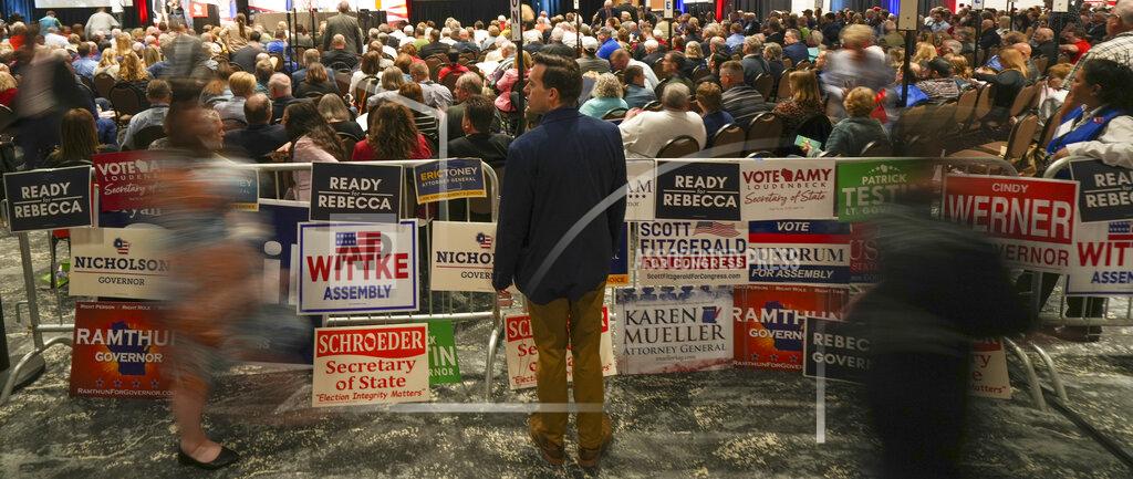 Ebony Cox Attendees are seen at the Republican State Convention in Middleton, Wis., Saturday, May 21, 2022. (Ebony Cox/Milwaukee Journal-Sentinel via AP)