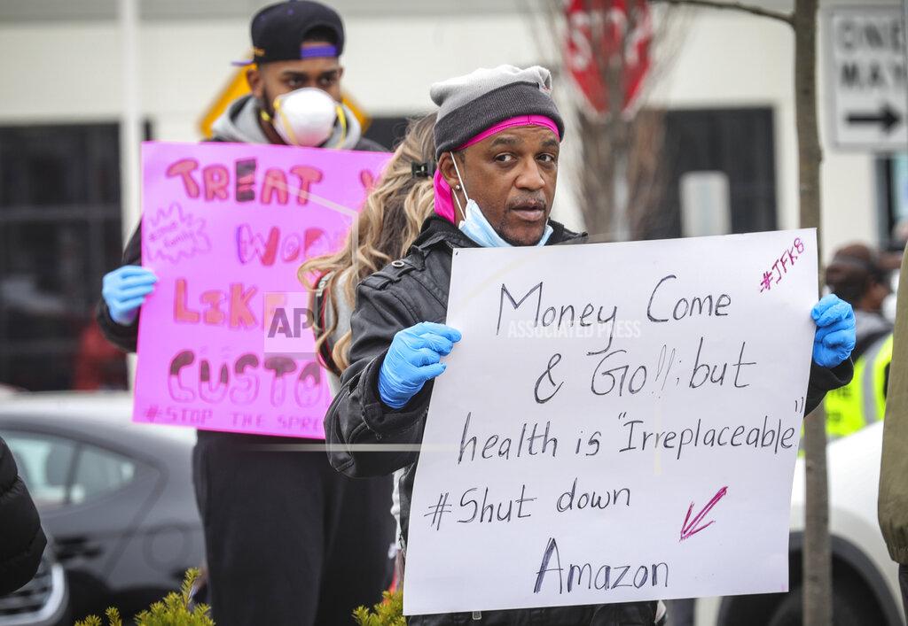 Bebeto Matthews FILE—In this March 30, 2020 file photograph, workers from an Amazon fulfillment center in Staten Island, N.Y., protest conditions over fears COVID-19 virus spread, at the company's warehouse in New York. Behemoths Amazon, Walmart and Tyson Foods, which have been the target of COVID-19-related lawsuits, can largely absorb any losses. But hundreds of negligence lawsuits have been filed across the country, with mom-and-pops most fearing the prospect of litigation that could put them under. (AP Photo/Charlie Neibergall) (AP Photo/Bebeto Matthews)