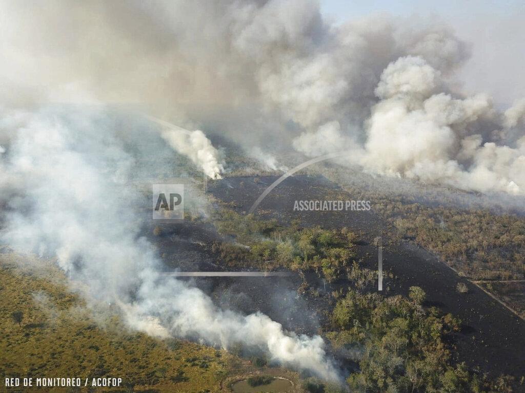 Alvaro Ba In this undated photo provided by the Association of Forest Communities of Peten on June 2020, fire and smoke envelop a part of the Laguna Del Tigre National Park in northern Guatemala. In 2020, the region has experienced a worrisome uptick in fires set illegally to clear land, while government resources to control flames have been diverted to manage the COVID-19 pandemic. (Alvaro Ba/ACOFOP via AP)