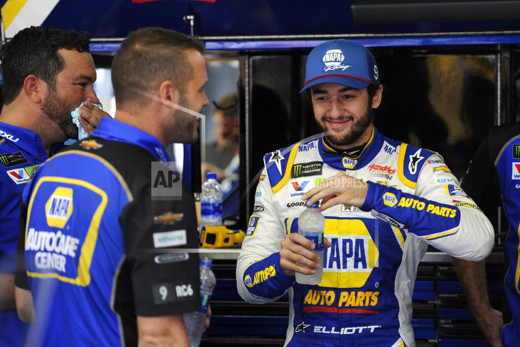 Mike Mccarn Chase Elliott smiles during practice for Sunday's NASCAR Cup Series auto race at Charlotte Motor Speedway in Concord, N.C., Saturday, Sept. 28, 2019. (AP Photo/Mike McCarn)