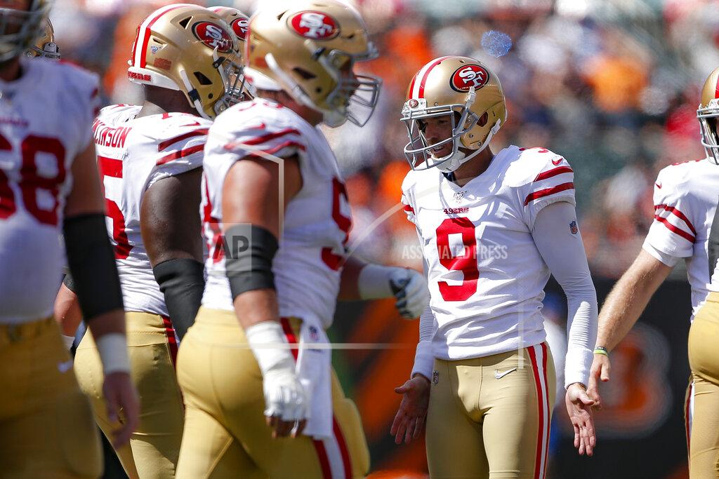 Gary Landers San Francisco 49ers kicker Robbie Gould (9) celebrates his field goal during the first half an NFL football game against the Cincinnati Bengals, Sunday, Sept. 15, 2019, in Cincinnati. (AP Photo/Gary Landers)