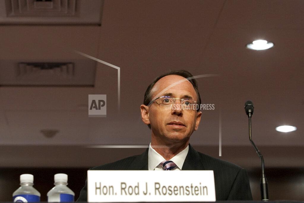 Greg Nash Former Deputy Attorney General Rod Rosenstein testifies before a Senate Judiciary Committee hearing on Capitol Hill in Washington, Wednesday, June 3, 2020. (Greg Nash/Pool via AP)