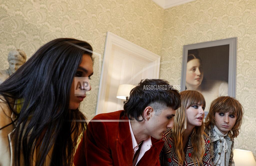 Riccardo De Luca From left, Ethan Torchio, Damiano David, Victoria De Angelis and Thomas Raggi, of Italian band Maneskin, winners of the Eurovision Song Contest in May, are interviewed by the Associated Press at a hotel in Rome, Tuesday, July 27, 2021. (AP Photo/Riccardo De Luca)