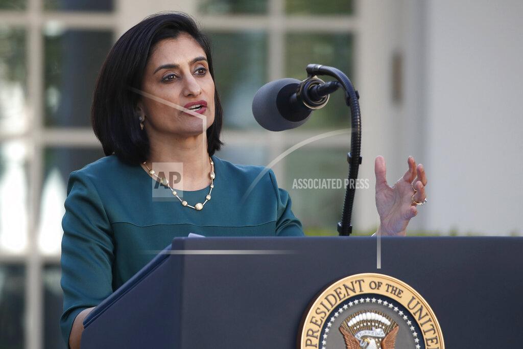 FILE - In this March 30, 2020, file photo, Administrator of the Centers for Medicare and Medicaid Services Seema Verma speaks about the coronavirus in the Rose Garden of the White House in Washington. The government says Blacks are nearly four times more likely than whites to be hospitalized with COVID-19 among people with Medicare. The analysis from the federal Centers for Medicare and Medicaid Services also found that Hispanics were about twice as likely as whites to be hospitalized. (AP Photo/Alex Brandon, File)