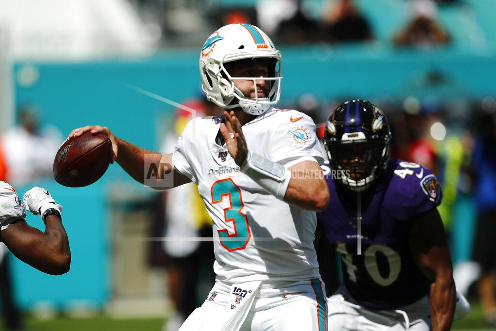 Brynn Anderson Miami Dolphins quarterback Josh Rosen (3) looks to pass, during the second half at an NFL football game against the Baltimore Ravens, Sunday, Sept. 8, 2019, in Miami Gardens, Fla. (AP Photo/Brynn Anderson)