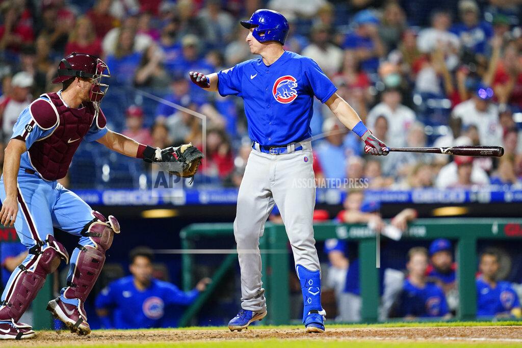 Matt Slocum Chicago Cubs' Frank Schwindel, right, reacts after striking out against Philadelphia Phillies pitcher Hector Neris during the sixth inning of a baseball game, Thursday, Sept. 16, 2021, in Philadelphia. (AP Photo/Matt Slocum)