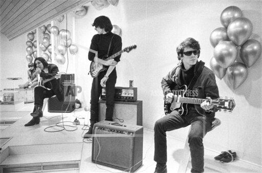 This image released by Apple TV+ shows Moe Tucker, John Cale, Sterling Morrison and Lou Reed from the documentary "The Velvet Underground." (Nat Finkelstein Estate/Apple TV+ via AP)
