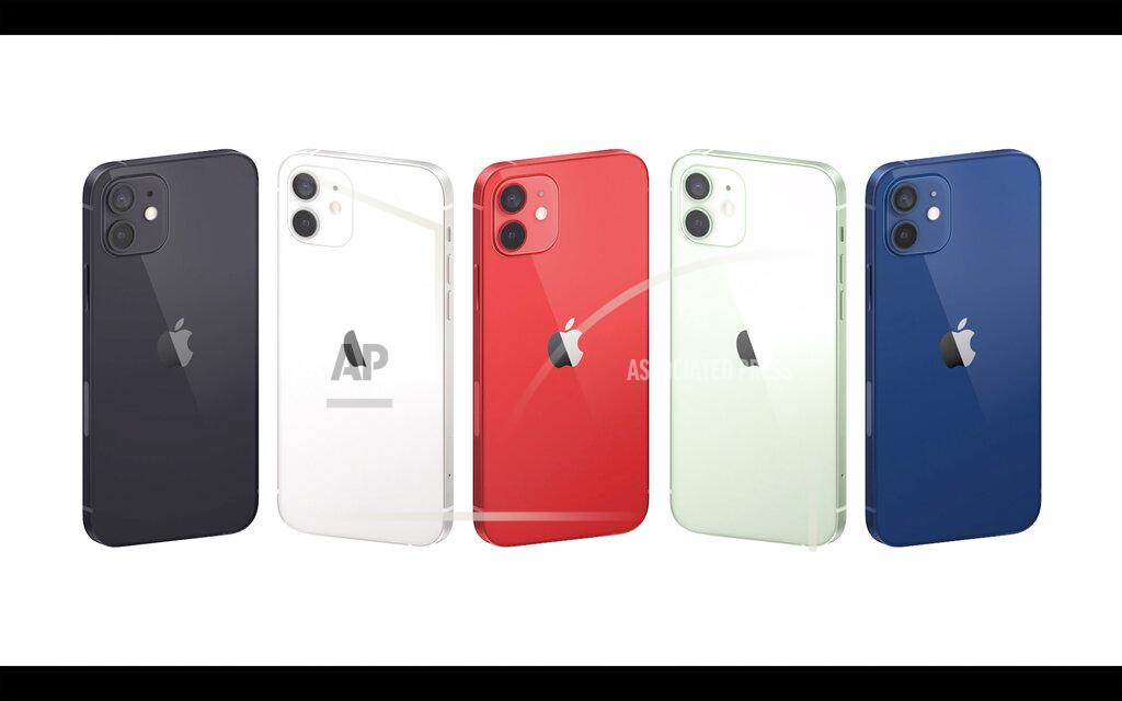 Uncredited This image provided by Apple shows a display of the new iPhones equipped with technology for use with faster new 5G wireless networks that Apple unveiled Tuesday, Oct. 13, 2020. (Apple via AP)