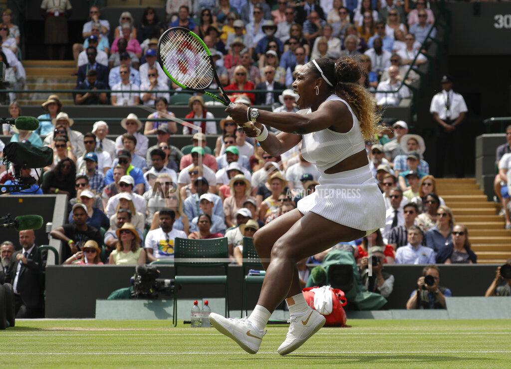 FILE - In this July 8, 2019, file photo, United States' Serena Williams returns the ball to Spain's Carla Suarez Navarro in a women's singles match during day seven of the Wimbledon Tennis Championships in London. After the traditional middle Sunday off, Wimbledon would have resumed this week with what some consider the most exciting day of tennis: The second Monday, when all 16 men’s and women’s singles matches in the fourth round are scheduled. Of the 19 times Williams has entered Wimbledon, she reached Week 2 of the fortnight on 16 occasions; that includes seven of her 23 Grand Slam singles trophies and another four runner-up finishes, including in 2018 and 2019. (AP Photo/Kirsty Wigglesworth, File)