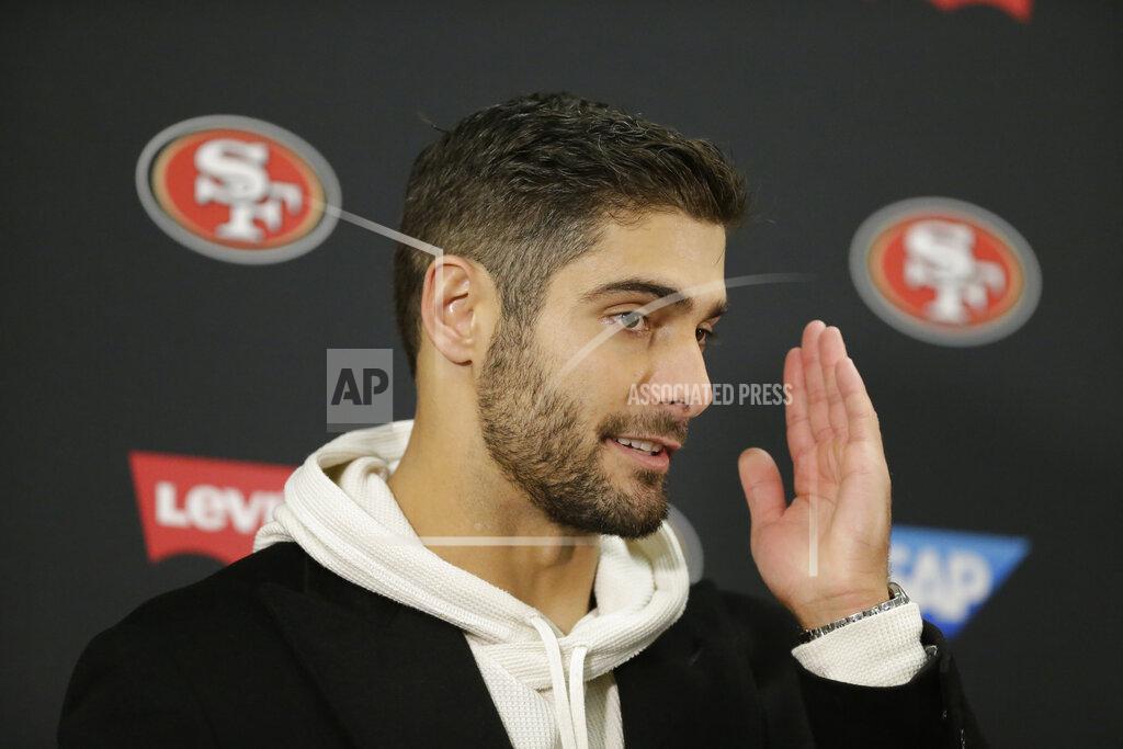 Julio Cortez San Francisco 49ers quarterback Jimmy Garoppolo gestures while speaking during a news conference after loosing to the Baltimore Ravens in a NFL football game, Sunday, Dec. 1, 2019, in Baltimore, Md. Ravens won 20-17. (AP Photo/Julio Cortez)