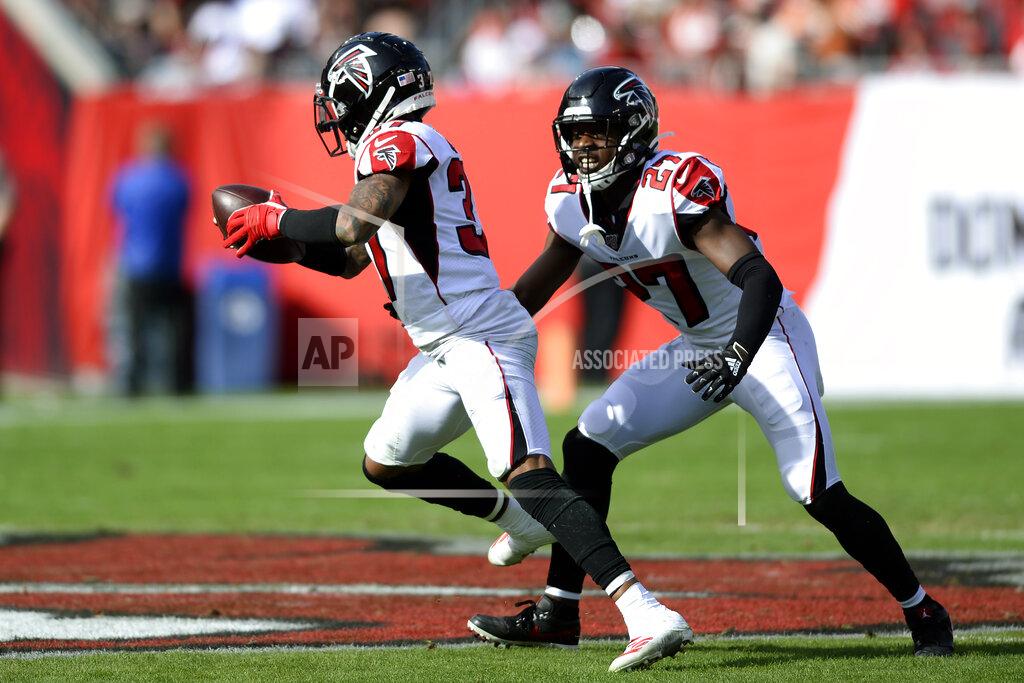 Jason Behnken Atlanta Falcons free safety Ricardo Allen (37) steps in front of teammate Damontae Kazee (27) as he intercepts a pass by Tampa Bay Buccaneers quarterback Jameis Winston during the first half of an NFL football game Sunday, Dec. 29, 2019, in Tampa, Fla. (AP Photo/Jason Behnken)