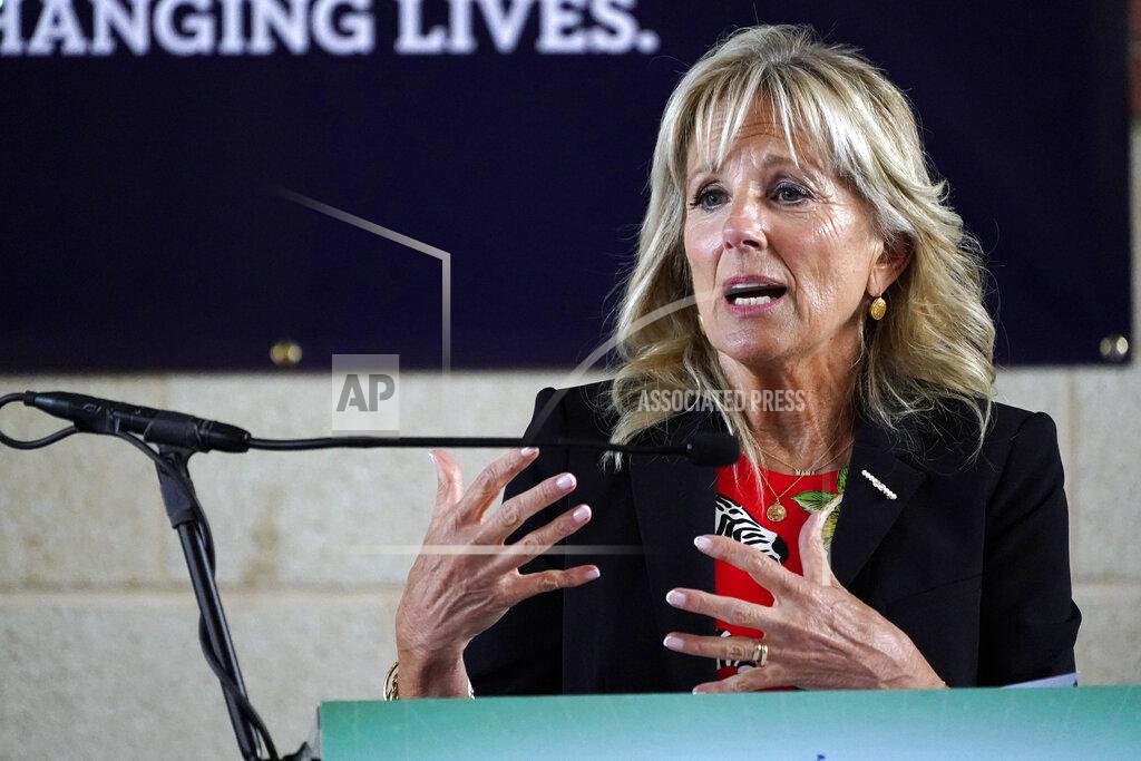 Rogelio V. Solis First Lady Jill Biden speaks of the importance of being vaccinated during her visit to a COVID-19 vaccination site at Jackson State University in Jackson, Miss., Tuesday, June 22, 2021, as part of the Biden administration's nationwide tour to reach Americans who haven't been vaccinated and to promote vaccine education. (AP Photo/Rogelio V. Solis)