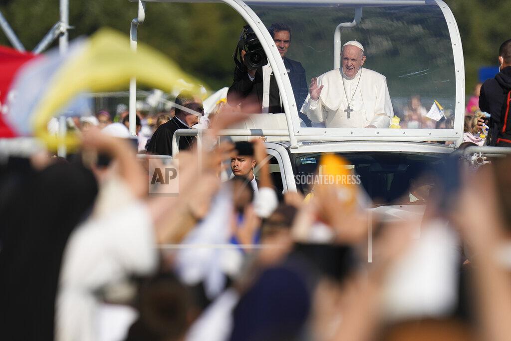 Petr David Josek Pope Francis arrives in the esplanade of the National Shrine in Sastin, Slovakia, Wednesday, Sept. 15, 2021. Pope Francis is to hold an open air mass in Sastin, the site of an annual pilgrimage each September 15 to venerate Slovakia's patron, Our Lady of Sorrows. (AP Photo/Petr David Josek)