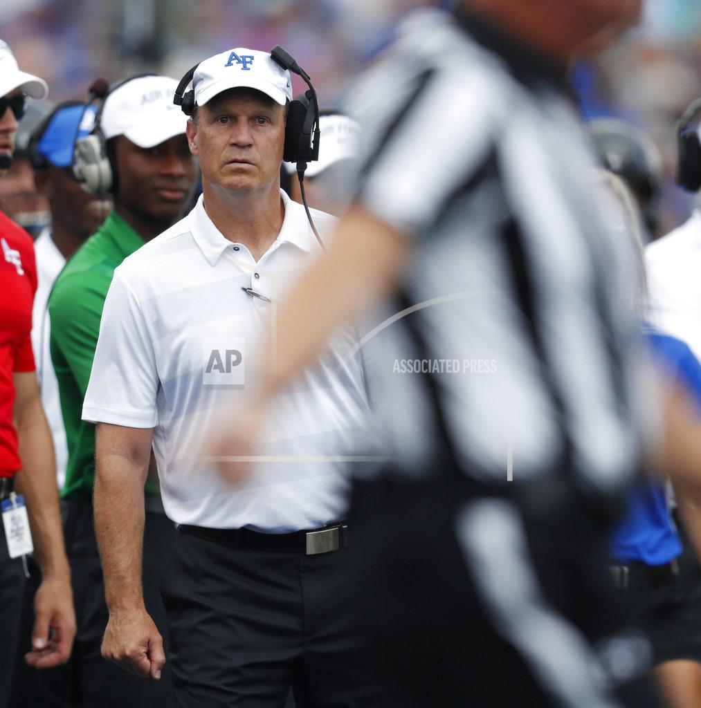 Air Force head coach Troy Calhoun back, looks on during a call in the first half of an NCAA college football game against Stony Brook Saturday, Sept. 1, 2018, at Air Force Academy, Colo. (AP Photo/David Zalubowski)