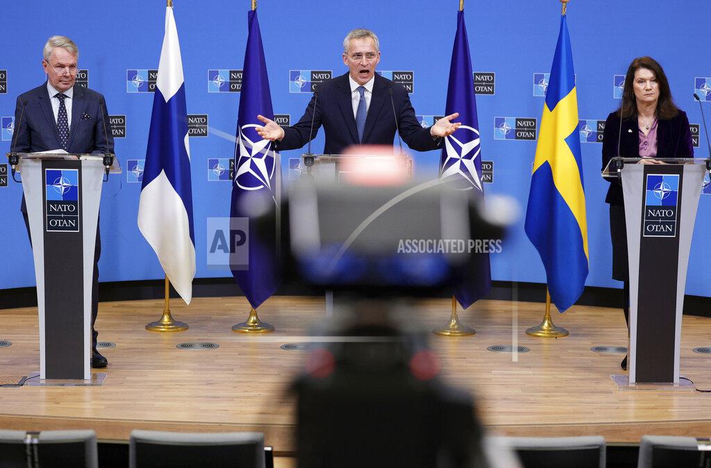Olivier Matthys FILE - NATO Secretary General Jens Stoltenberg, center, participates in a media conference with Finland's Foreign Minister Pekka Haavisto, left, and Sweden's Foreign Minister Ann Linde, right, at NATO headquarters in Brussels, Monday, Jan. 24, 2022. (AP Photo/Olivier Matthys, File)