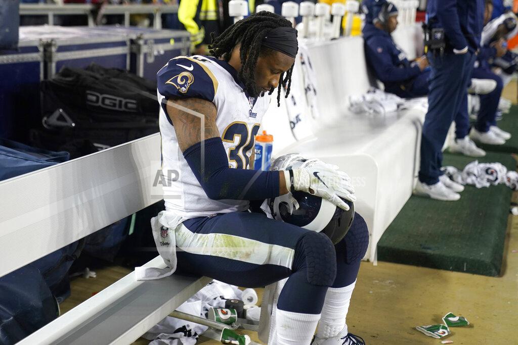 Los Angeles Rams running back Todd Gurley II sits on the bench during the second half of the team's NFL football game against the San Francisco 49ers in Santa Clara, Calif., Saturday, Dec. 21, 2019. (AP Photo/Tony Avelar)