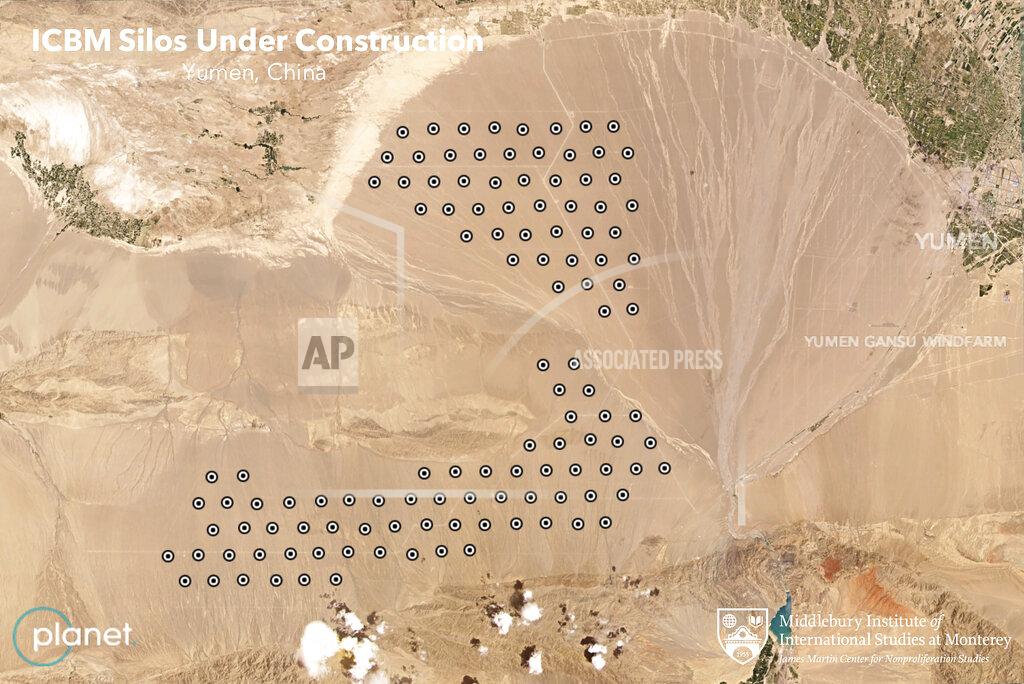 Planet Labs Inc. This June 4, 2021, satellite image provided by Planet Labs Inc. that has been annotated by experts at the James Martin Center for Nonproliferation Studies at Middlebury Institute of International Studies shows what analysts believe is a field of intercontinental ballistic missile silos near Yumen, China. The U.S. military is warning about what analysts have described as a major expansion of China's nuclear missile silo fields, at a time of heightened tension between the U.S. and China. (Planet Labs Inc., James Martin Center for Nonproliferation Studies at Middlebury Institute of International Studies via AP)