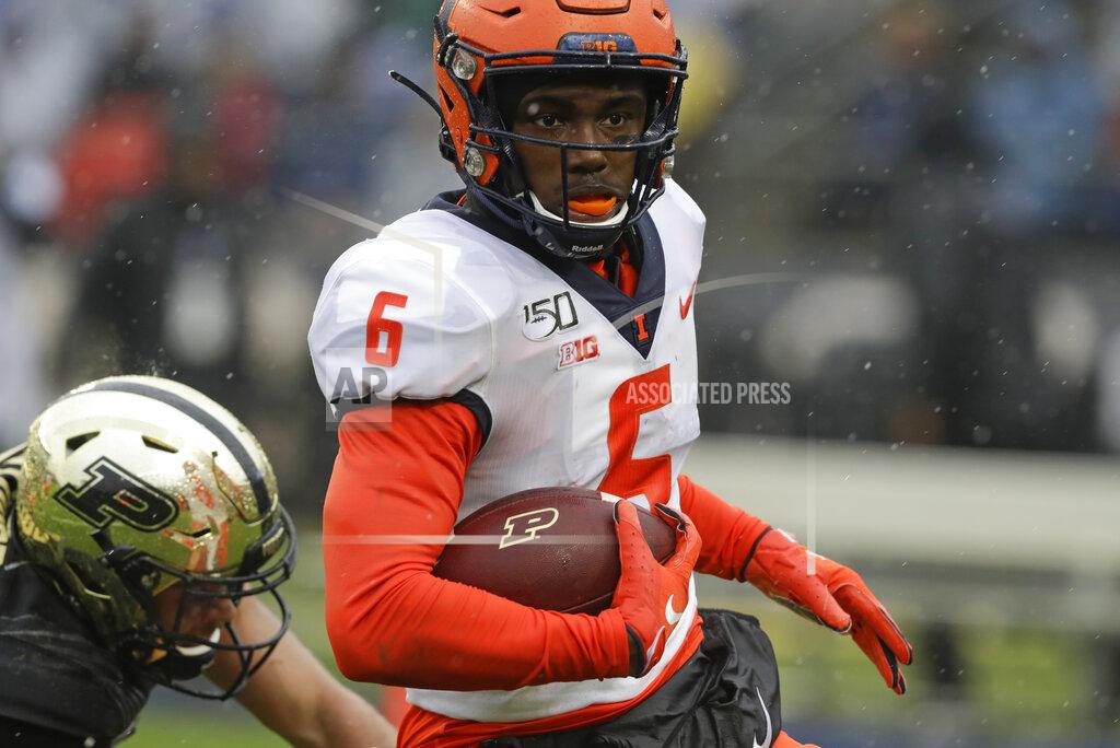 Darron Cummings Illinois defensive back Tony Adams (6) runs back an interception for a touchdown during the first half of an NCAA college football game against the Purdue, Saturday, Oct. 26, 2019, in West Lafayette, Ind. (AP Photo/Darron Cummings)