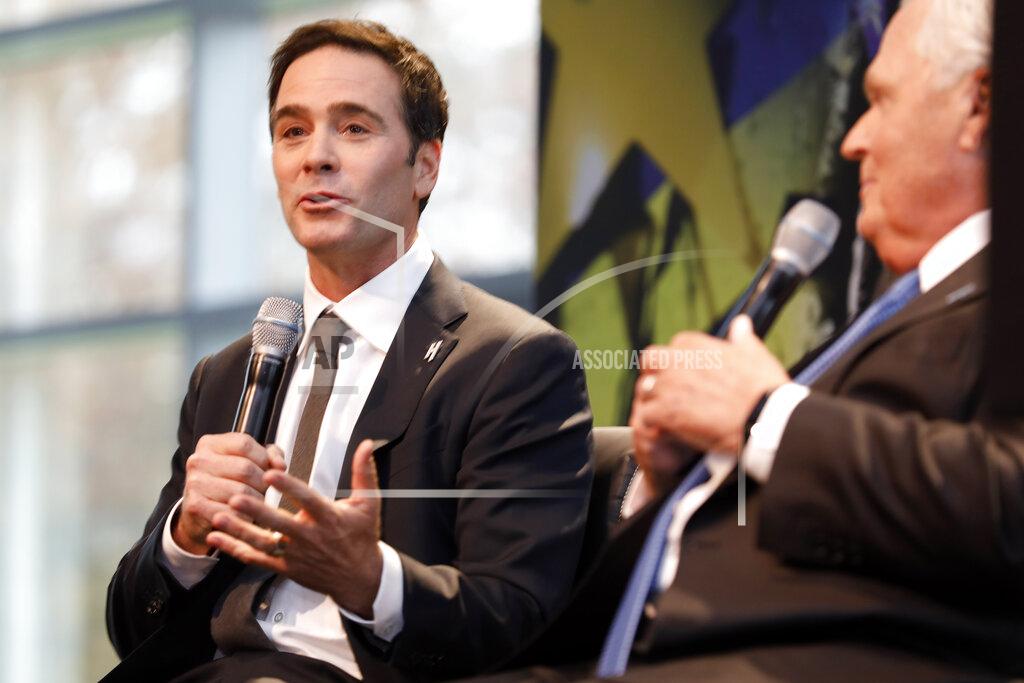 Bob Leverone Jimmie Johnson answers a reporter's question during his retirement announcement from NASCAR at a news conference near Charlotte, N.C., Thursday, Nov. 21, 2019. (AP Photo/Bob Leverone)