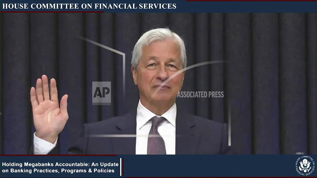 Uncredited This image from video provided by the House Financial Services Committee shows JPMorgan Chase CEO Jamie Dimon being sworn in to testify virtually to the House Financial Services Committee Thursday, May 27, 2021. (House Financial Services Committee via AP)
