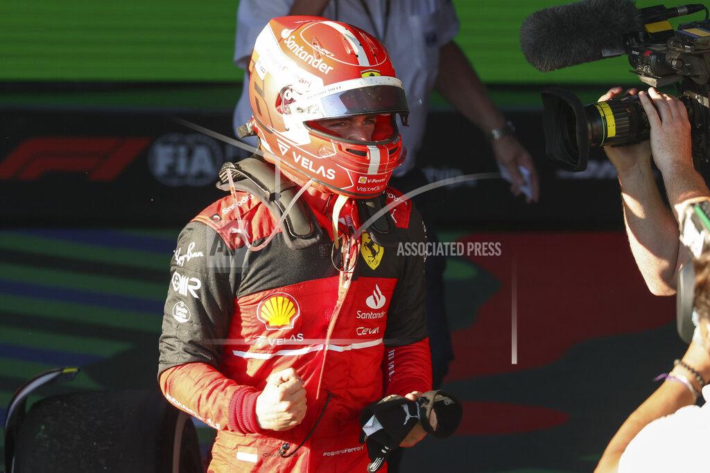 Asanka Brendon Ratnayake Ferrari driver Charles Leclerc of Monaco reacts after winning the Australian Formula One Grand Prix in Melbourne, Australia, Sunday, April 10, 2022. (AP Photo/Asanka Brendon Ratnayake)