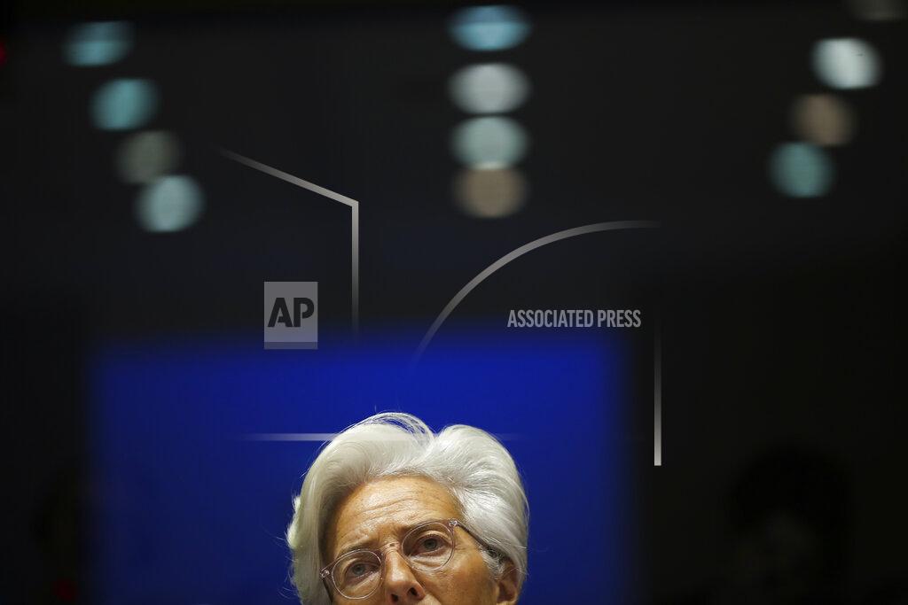European Central Bank President Christine Lagarde addresses European Parliament lawmakers during a monetary dialogue meeting at the European Parliament in Brussels, Thursday, Feb. 6, 2020. (AP Photo/Francisco Seco)