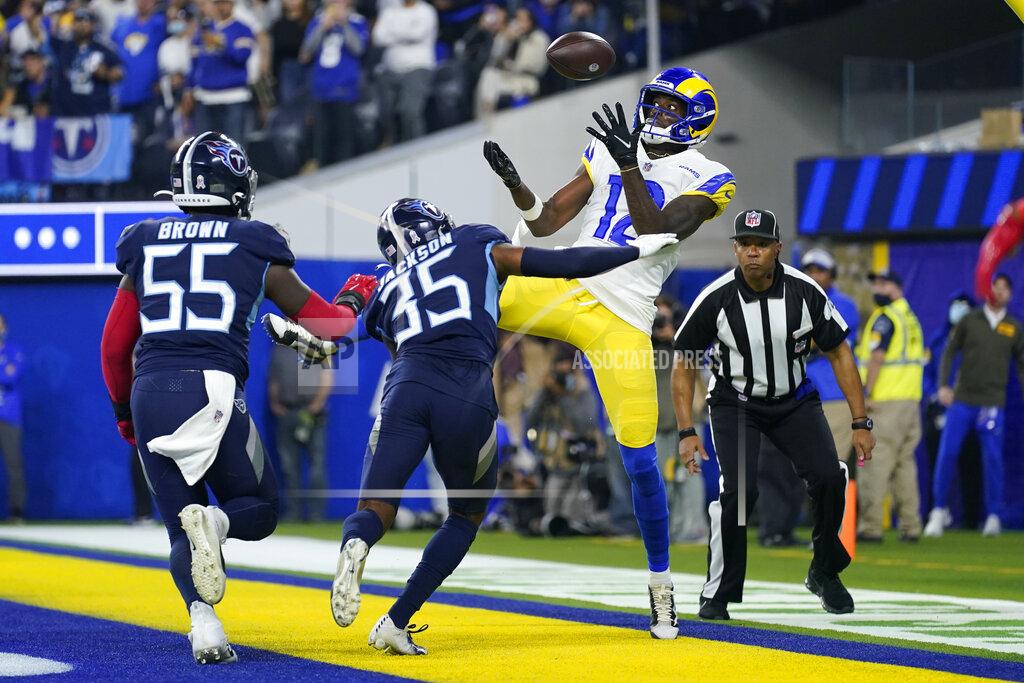 Ashley Landis Los Angeles Rams wide receiver Van Jefferson, right, can't make the catch in the end zone as Tennessee Titans defensive back Chris Jackson (35) and inside linebacker Jayon Brown (55) defend during the second half of an NFL football game Sunday, Nov. 7, 2021, in Inglewood, Calif. (AP Photo/Ashley Landis)