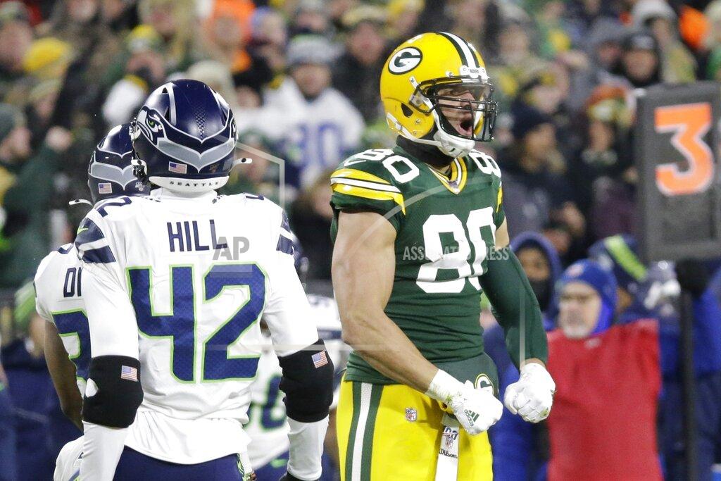 Mike Roemer Green Bay Packers' Jimmy Graham celebrates a catch during the first half of an NFL divisional playoff football game against the Seattle Seahawks Sunday, Jan. 12, 2020, in Green Bay, Wis. (AP Photo/Mike Roemer)