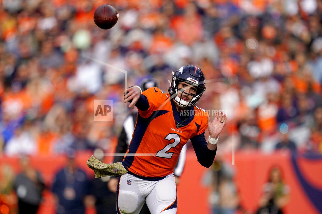 Jack Dempsey Denver Broncos quarterback Brandon Allen (2) throws against the Cleveland Browns during the first half of NFL football game, Sunday, Nov. 3, 2019, in Denver. (AP Photo/Jack Dempsey)