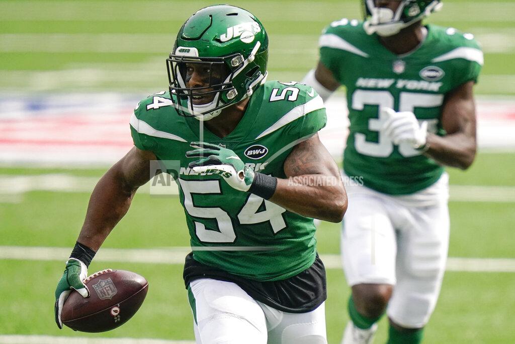 Frank Franklin Ii New York Jets inside linebacker Avery Williamson (54) runs after making an interception during the first half of an NFL football game against the Arizona Cardinals, Sunday, Oct. 11, 2020, in East Rutherford. (AP Photo/Frank Franklin II)