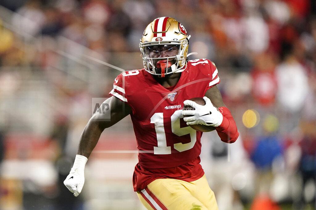 Tony Avelar San Francisco 49ers wide receiver Deebo Samuel runs with the ball against the Los Angeles Rams during the first half of an NFL football game in Santa Clara, Calif., Saturday, Dec. 21, 2019. (AP Photo/Tony Avelar)