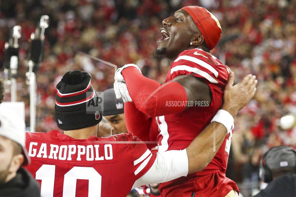 Margaret Bowles San Francisco 49ers quarterback Jimmy Garoppolo (10) celebrates with wide receiver Deebo Samuel (19) during the NFL NFC Championship football game against the Green Bay Packers, Sunday, Jan. 19, 2020 in Santa Clara, Calif. The 49ers defeated the Packers 37-20. (Margaret Bowles via AP)