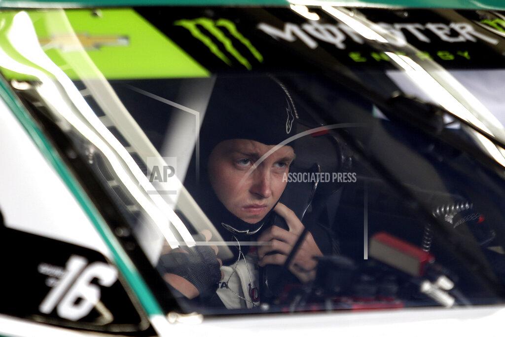 Wesley Broome Pole winner William Byron sits in his car during practice for Sunday's NASCAR Cup Series auto race at Charlotte Motor Speedway in Concord, N.C., Saturday, Sept. 28, 2019. (AP Photo/Wesley Broome)