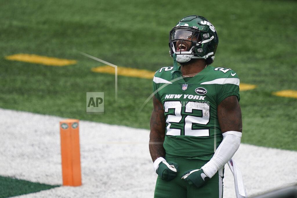 John Minchillo New York Jets' La'Mical Perine reacts after scoring a touchdown during the first half of an NFL football game against the Buffalo Bills, Sunday, Oct. 25, 2020, in East Rutherford, N.J. (AP Photo/John Minchillo)